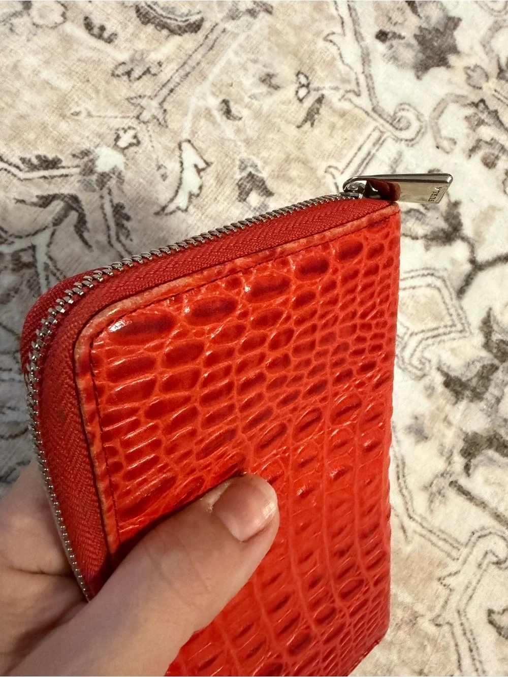 FURLA leather red/orange croc-Embossed Zip-around Wallet